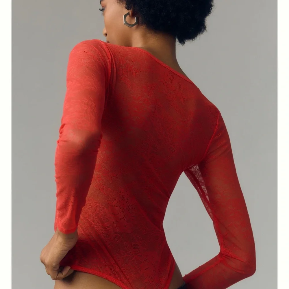 Anthropologie Harlowe Red Lace Bodysuit Deep Vee Thong Long Sleeve XL - Picture 2 of 7